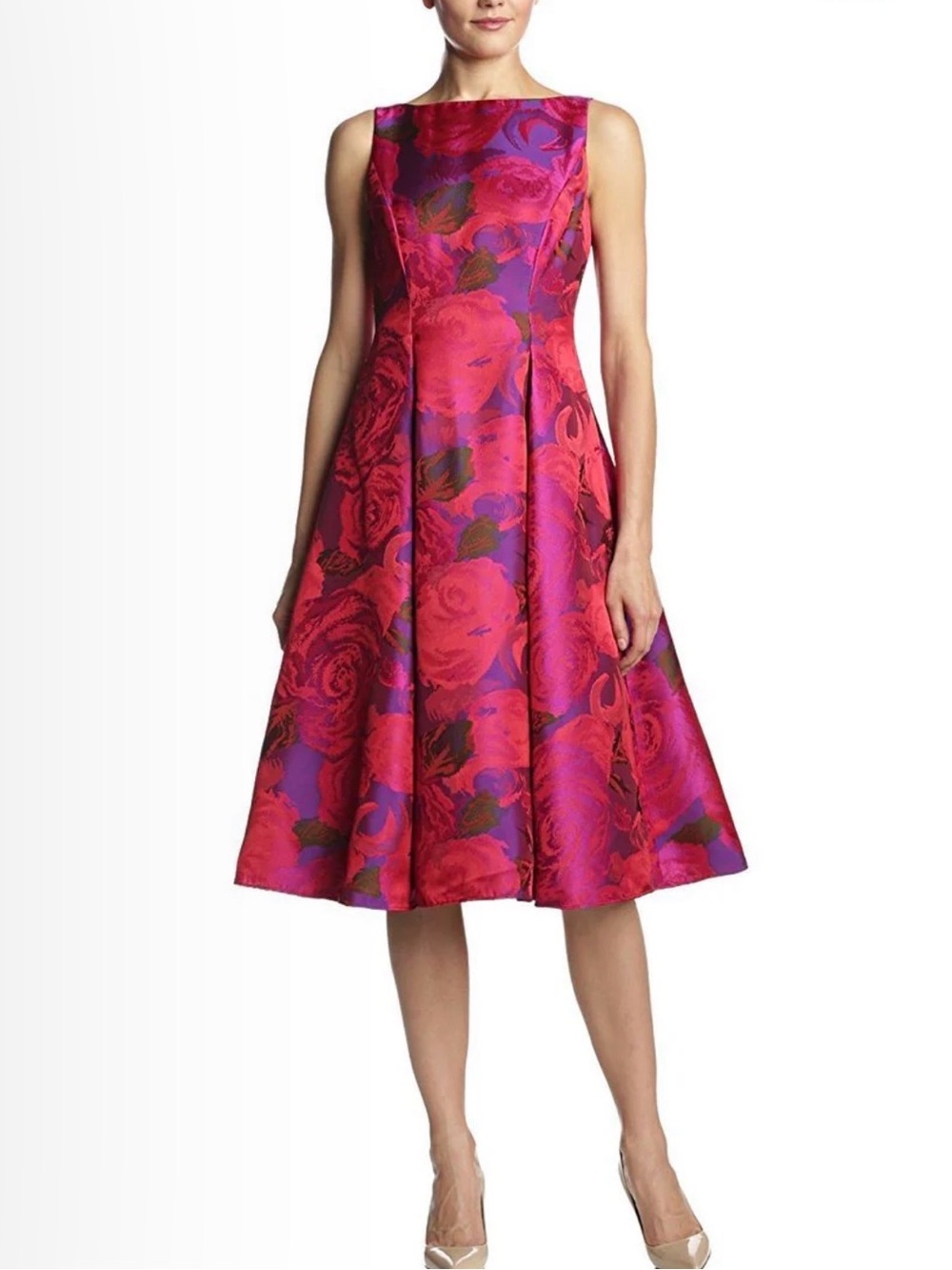 Adrianna Papell Floral Jacquard Sleeveless Rose Print Fit & Flare Dress US 10